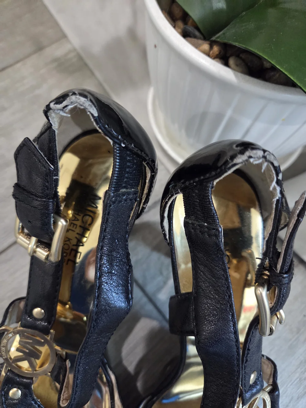 Michael Kors Black Leather T-Strap Platform Heels with Gold Logo